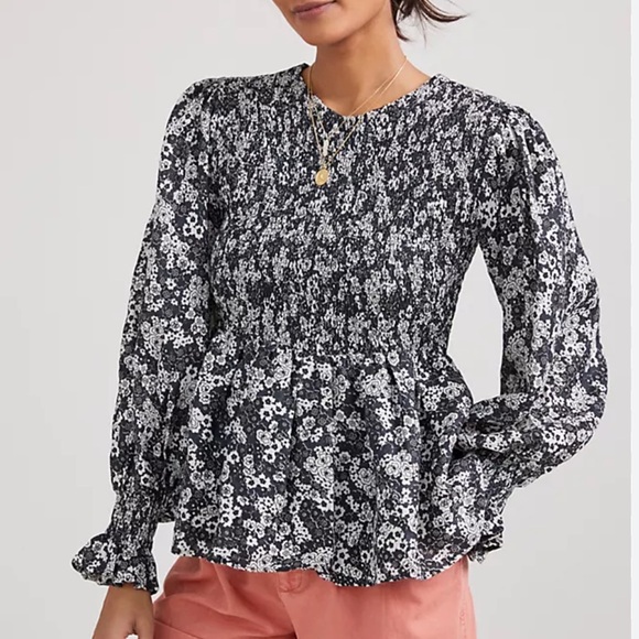 Faithfull The Brand x Anthropologie Biela Smocked Linen 8/M Black Floral Ruffled - Picture 1 of 7